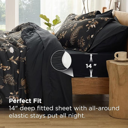 Bedsure Black Twin Comforter Set - 5 Pieces Floral Bedding Sets Twin Bed in a Bag with Reversible Botanical Flowers Comforter, Sheets, Pillowcase & Sham