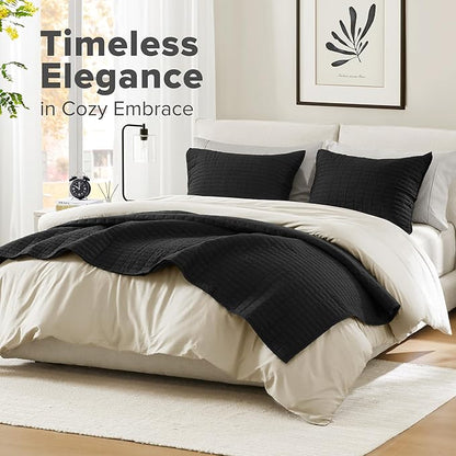 Comfort Spaces Kienna Quilt Set- Double Sided Stitching Design Summer Blanket, Lightweight, Soft, All Season Bedding Layer, Matching Sham, Black, Coverlet Full/Queen(90"x90") 3 Piece