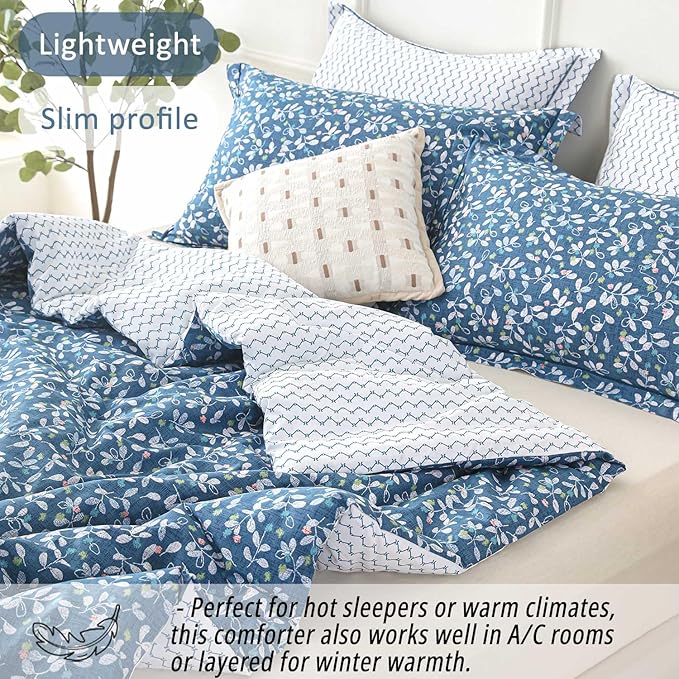 Blue Floral Cotton Comforter Queen Size - White Leaves with Delicate Soft Green & Blush Floral Print, Blue Chevron on White Reverse – 3PC Lightweight Bedding Set with Soft Fill(90"×90")