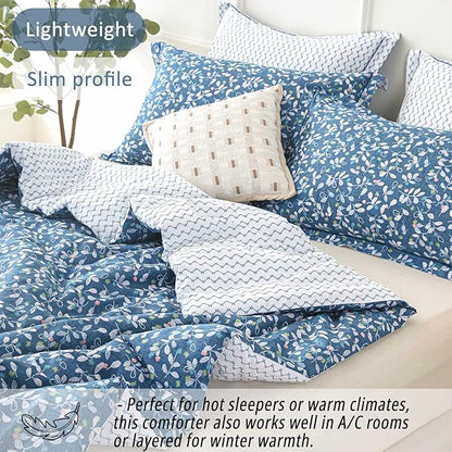 Blue Floral Cotton Comforter Queen Size - White Leaves with Delicate Soft Green & Blush Floral Print, Blue Chevron on White Reverse – 3PC Lightweight Bedding Set with Soft Fill(90"×90")
