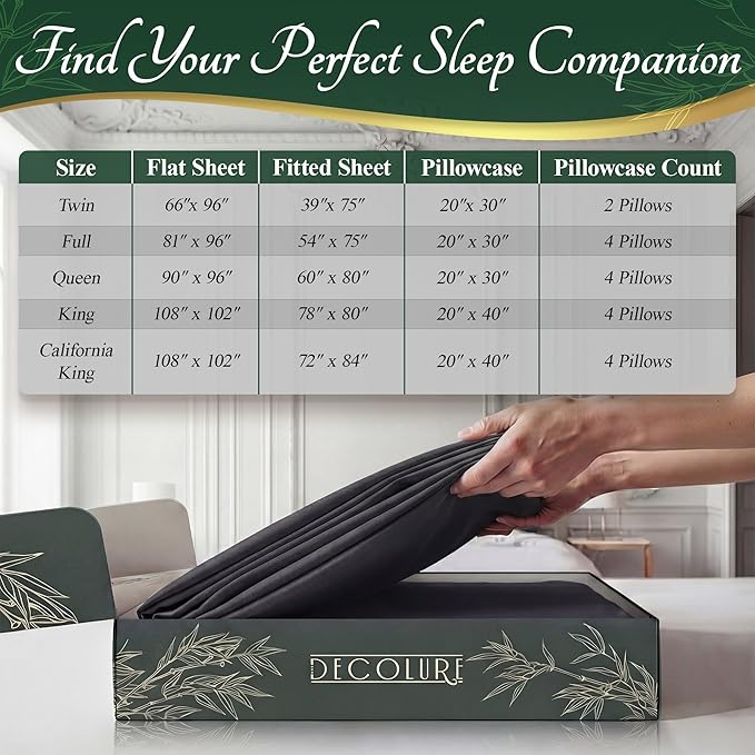 DECOLURE 100% Viscose Derived from Bamboo Sheets Twin Size - Luxury 4 Pc Naturally Cooling Sheets, Ultra Soft Bed Set - Deep 17" Pockets, Durable Double Stitching, Oeko Tex Standard (Charcoal)