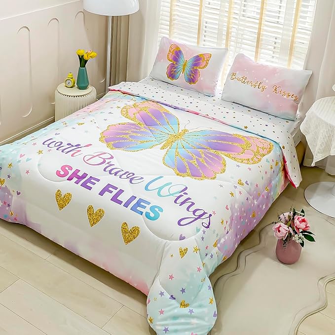 Cokouchyi Twin Size Comforter Set for Girls, 5-Piece Bed in a Bag, 3D Colorful Butterfly Bedding Comforter Sheet Set, Ultra Soft and Fluffy, Pink & Rainbow Color