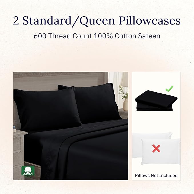 California Design Den Premium Pillow Cases Queen Size Set of 2-600 Thread Count Sateen, Natural 100% Cotton Pillow Cases Standard/Queen, Crisp, Durable Bedding - Black