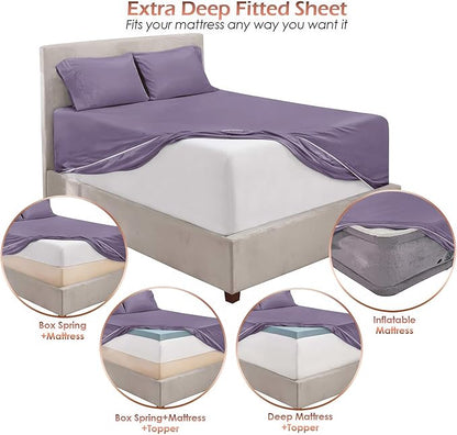 Nestl Queen Size Sheet Set, 4 Piece Extra Deep Pocket (18-24 inches), Microfiber, Cooling, Hotel Luxury, Soft, Breathable, Wrinkle-Free, Easy to Care, Grayish Purple