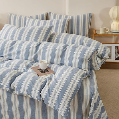 Blue Striped Duvet Cover Set Twin XL, 100% Washed Cotton Chic Stripes Pattern Printed Bedding Set, 3 Pieces Soft Breathable Duvet Cover Farmhouse Retro Striped Comforter Cover with Zipper Closure