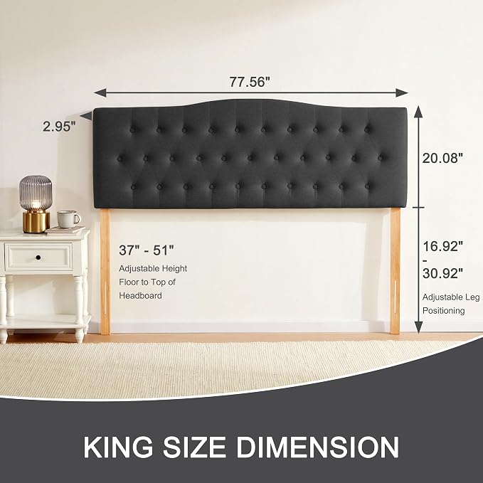 Tufted Headboard King Size, Solid Wood Adjustable Height Head Board, Black | Upholstered King Headboard Only with Durable Solid Wood Legs, Adjustable Height 37-51 in, Fabric Button Diamond HeadBoards