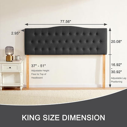 Tufted Headboard King Size, Solid Wood Adjustable Height Head Board, Black | Upholstered King Headboard Only with Durable Solid Wood Legs, Adjustable Height 37-51 in, Fabric Button Diamond HeadBoards