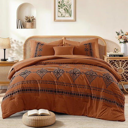 MaiRêve Full Size Comforter Set Burnt Orange, Embroidery Floral Western Boho Bedding Set, All Season 7 Pieces Bed in a Bag with Sheets, Pillowcases & Shams