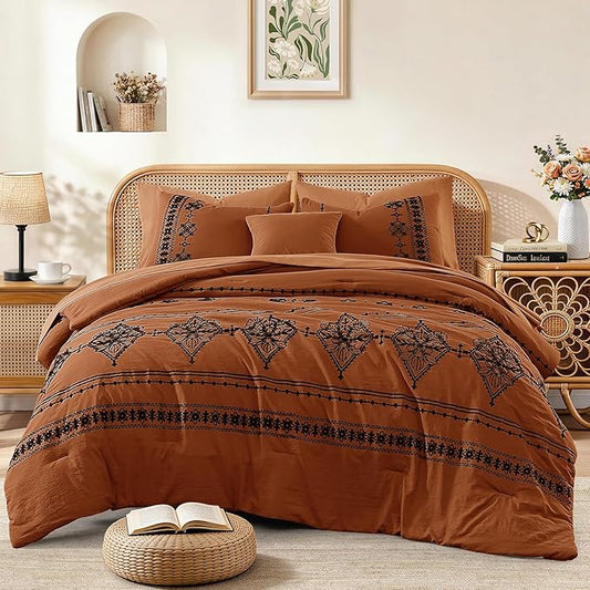 MaiRêve King Size Comforter Set Burnt Orange, Embroidery Floral Western Boho Bedding Set, All Season 7 Pieces Bed in a Bag with Sheets, Pillowcases & Shams