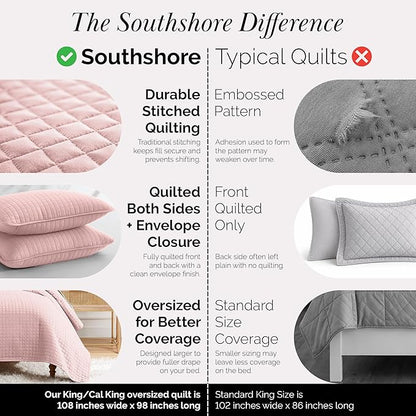 Southshore Fine Living, Inc. Pink King Quilt Set with 2 Pillow Shams, Stitched Lightweight Coverlet, King Size, Stain & Pet Hair Resistant Bedding Set, Fits Standard or California Beds, Pastel Pink