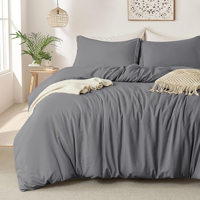 MILDLY Super Soft Duvet Cover 2pcs - 100% Washed Microfiber Dark Grey Comforter Cover Set with Zipper Closure & Corner Ties (No Comforter)