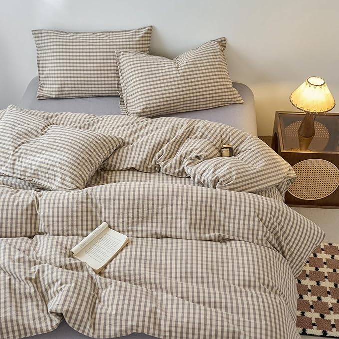 LifeTB Grey Gingham Duvet Cover Twin XL 100% Washed Cotton Grey Beige Plaid Duvet Cover 3 Pieces Grid Checkered Comforter Cover with Zipper Closure Breathable Soft Gingham Plaid Bedding Set