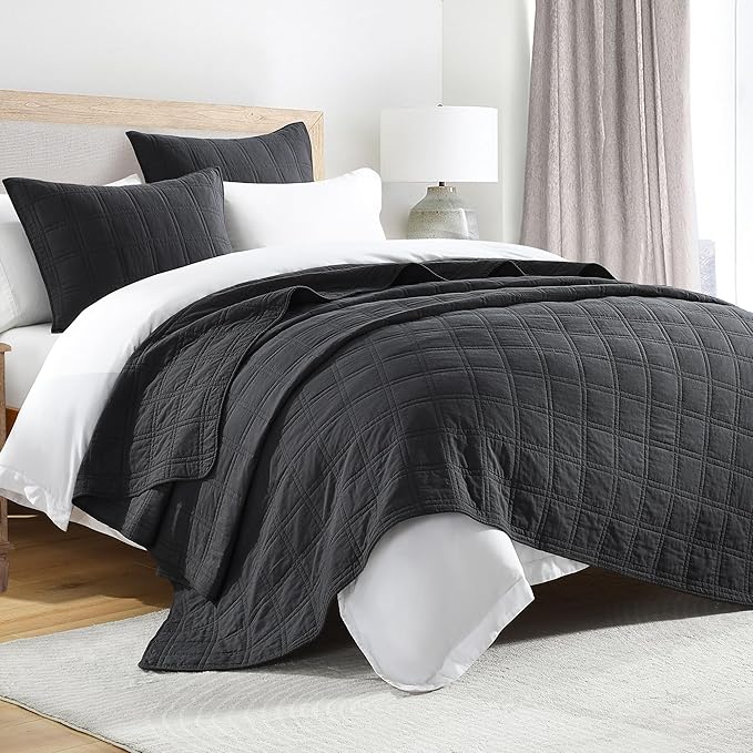 HORIMOTE HOME 100% Cotton Quilt Set Queen Size, Charcoal Pre-Washed Bedspreads Coverlet Set in Geometric Pattern, Cozy Lightweight Stitching Decorative Bedding Cover with 2 Shams for All Season