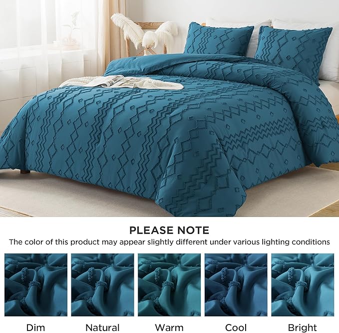 Andency Teal Tufted Comforter Set Queen(90x90Inch), 3 Pieces(1 Boho Comforter, 2 Pillowcases) Textured Farmhouse Bed, Soft Microfiber Down Alternative Geometric Bedding Set