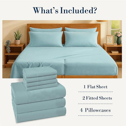 Casa Platino Split King Sheets Sets – 100% Cotton Split King Sheets Cooling with 4 Pillowcases, 15" Deep Pocket Fitted Sheet, Crisp & Smooth Feel, Ultra Soft & Cozy, Fit – Blue Sky
