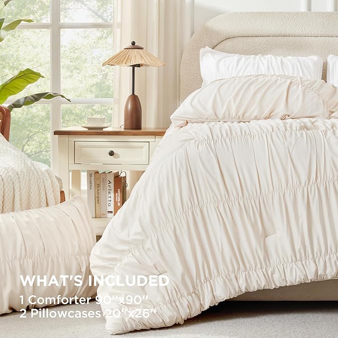Andency Ruched Beige Queen Comforter Set, Shabby Chic Pleated Bedding Sets 3 Pieces, Lightweight Soft Boho Ruffle Bed Set for Girls, Kids, Women, All Season