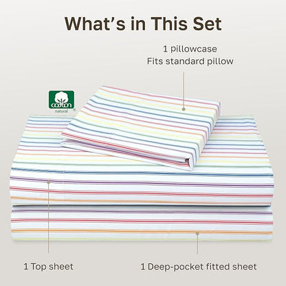 California Design Den Deep Pocket Twin Sheets Set - 400 Thread Count Sateen, Natural 100% Cotton Sheets, and Durable Bedding Set - Rainbow Striped