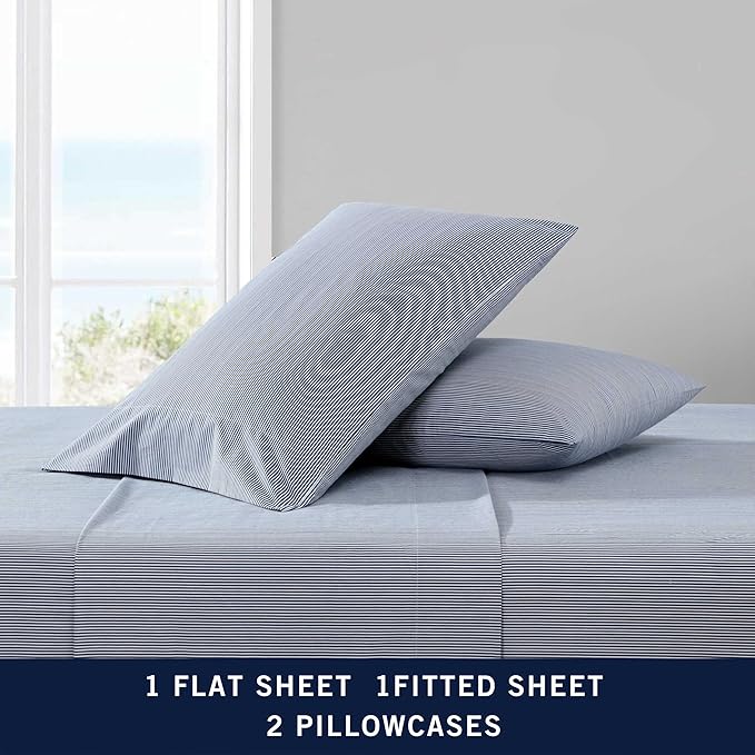 Nautica - Queen Sheet Set, Lightweight & Breathable Cotton Percale Bedding Set with Matching Sham(s), Crisp & Cool Bedding Essentials, Oeko-Tex Certified (Penny Pinstripe Navy, Queen)