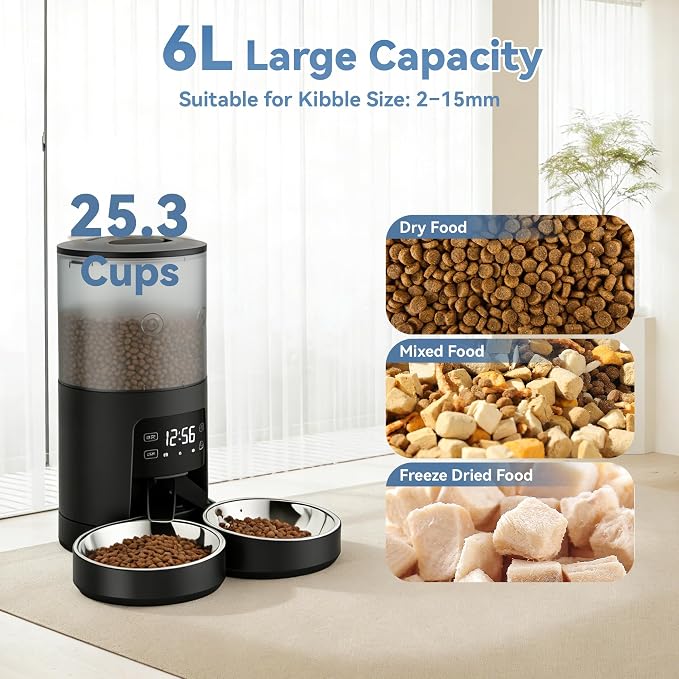 Sweetcrispy Automatic Cat Feeder, 4L Cat Food Dispenser with APP, Black | 2.4G WiFi, Applicable for Dry Food, 16.9 Cups, 10 Meals/Day, 50 Portions/Meal, 10s Voice Recorder, Dual Power Supply