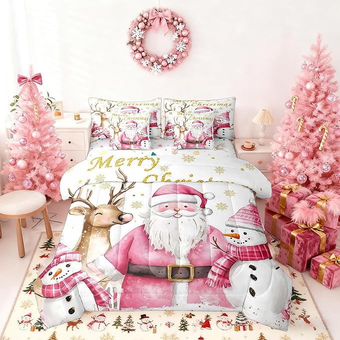 Castle Fairy Cute Santa Claus 7 Pieces Bedding Set King Bed in a Bag,Winter Snowman Deer Watercolor Christmas Theme Comforter Set,Geometric Snowflakes Gold Print Soft Warm Microfiber Bedding