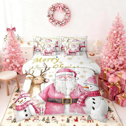Castle Fairy Cute Santa Claus 7 Pieces Bedding Set King Bed in a Bag,Winter Snowman Deer Watercolor Christmas Theme Comforter Set,Geometric Snowflakes Gold Print Soft Warm Microfiber Bedding