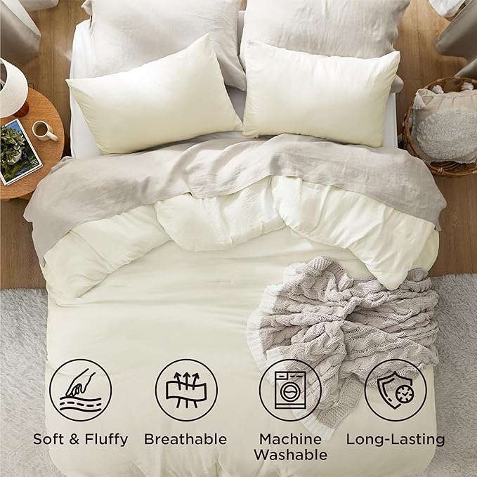 Bedsure Full Comforter Set, Ivory Soft Prewashed Bedding for All Seasons, 3 Pieces GentleSoft™ Bed Set, 1 Lightweight Comforter (82"x86") and 2 Pillowcases (20"x26")