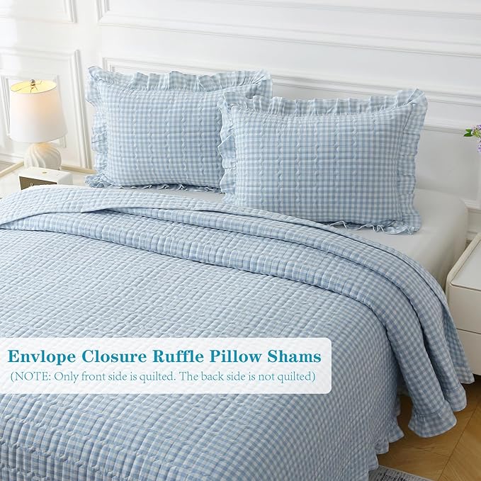 Light Blue White Ruffle Gingham Quilt Set Queen Size with 2 Pillow Shams, 100% Washed Cotton Yarn-Dyed Quited Bedspread Farmhouse Bedding Set (Light Blue, Queen) | Ruffle quilt, Gingham quilt, 100% washed cotton