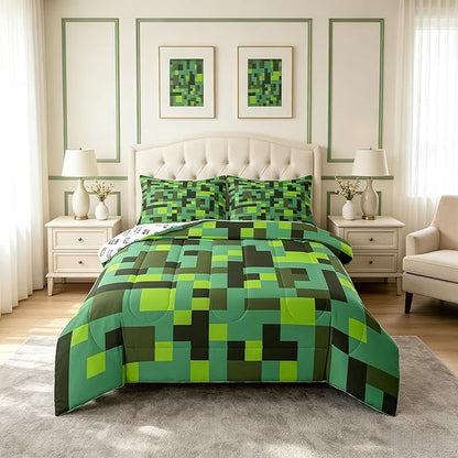 Pixel Grid Miners Comforter Set Full Size,Geometric Grid Patchwork Pixelated Kids Bedding Set,Cartoon Gamepad Video Games Quilt Comforter,Cyan Green Duvet Insert,2 Pillowcases