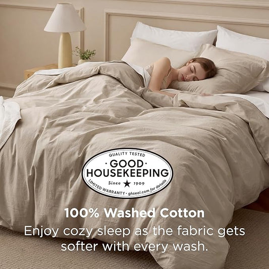 Bedsure 100% Washed Cotton Duvet Cover Cal King - Frosted Almond Minimalist Bedding Set Linen Like - PureWoven Plain Simple & Soft Comforter Cover 3-Piece (Frosted Almond, California King, 104"x98")