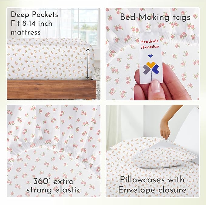 California Design Den King Floral Sheet Set, 100% Cotton Sateen Sheets, King Size Sheets Set, Deep Pockets & Pillowcase Set - Chic Floral
