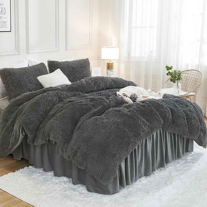 Andency Dark Grey Comforter Set King Size, 3 Pieces Faux Fur Gray Fluffy Fuzzy Plush Bedding Comforter Set, Soft Puffy Comfy Down Alternative Comforter Bed Set