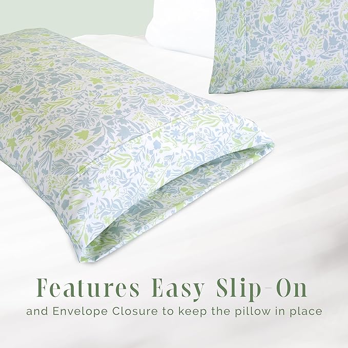 Elegant Comfort Ultra Soft Set of 2 Floral Print Pillowcases - 1500 Premium Hotel Quality Microfiber, Soft and Smooth Envelope Closure 2-Piece Pillow Covers - King, Green Anita