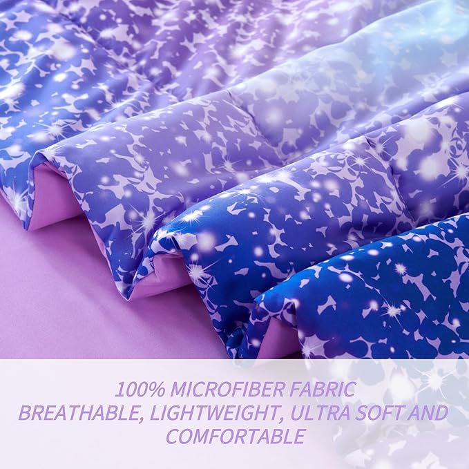 RYNGHIPY 6Pcs Girls Bedding Set Queen Size Purple Rainbow Comforter Set for Kids Teens Girls Glitter Bed in a Bag Lightweight Fluffy