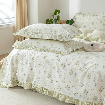 HighBuy Floral Comforter Set Queen Lace Edge Green Flower Bedding Comforters with 2 Lace Ruffle Pillow Shams Coquette Cottagecore Comforter Sets Stripes Bedding Set 3 PCs for Girls Women