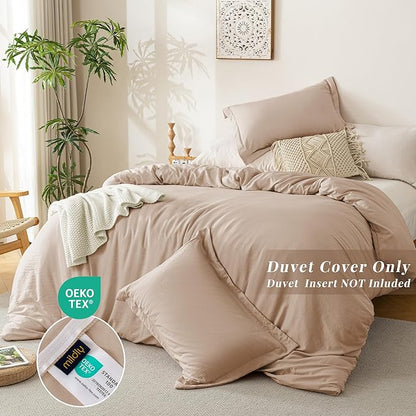 MILDLY Super Soft Duvet Cover - 100% Washed Microfiber Rugby Tan Comforter Cover Set 3 Pieces with Zipper Closure & Corner Ties (No Comforter)