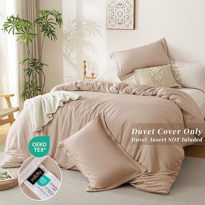 MILDLY Super Soft Duvet Cover 2pcs - 100% Washed Microfiber Rugby Tan Comforter Cover Set with Zipper Closure & Corner Ties (No Comforter)