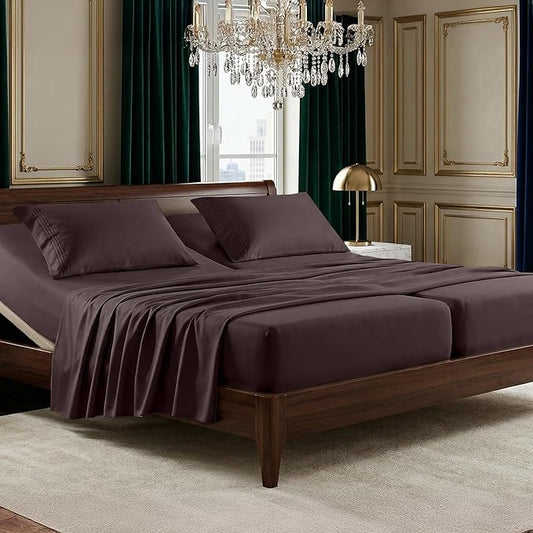 Elegant Comfort Luxurious 1500 Premium Hotel Quality Microfiber Three Line Embroidered Softest 5-Piece Bed Sheet Set, Wrinkle and Fade Resistant, Split King, Chocolate Brown