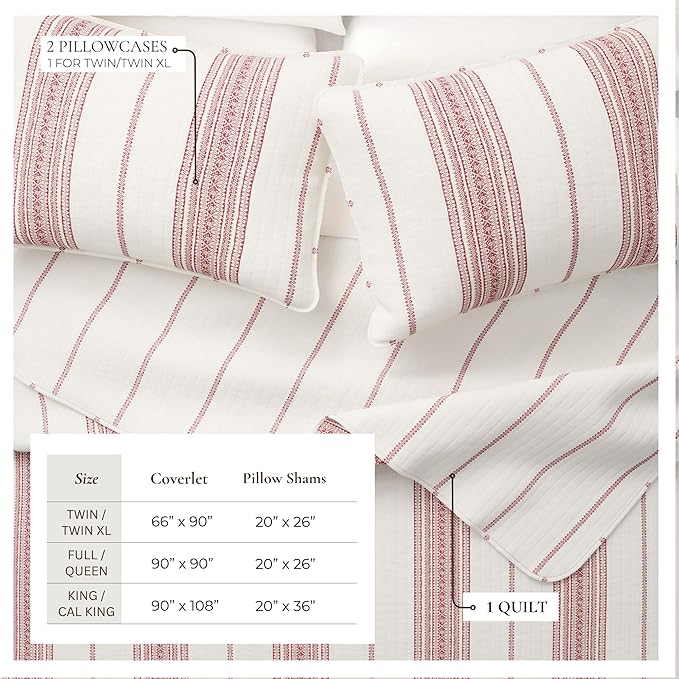 Great Bay Home Striped Quilt Set - 3-Piece Full/Queen Size Farmhouse Bedding Set - Lightweight, All-Season, Reversible Bedspread (Red)