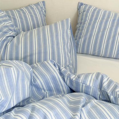 LifeTB Striped Duvet Cover Set Queen, 100% Washed Cotton Blue White Stripes Pattern Printed Comforter Cover, 3 Pieces Farmhouse Striped Bedding Set Breathable Duvet Cover with 2 Pillowcases