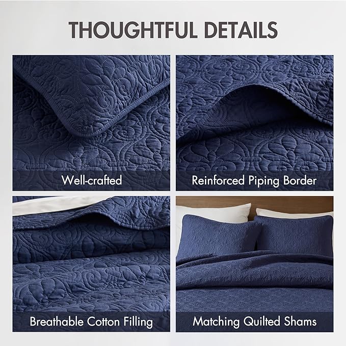 Madison Park Quebec Queen Size Quilt Bedding Set - Navy , Damask – 3 Piece Bedding Quilt Coverlets – Ultra Soft Microfiber Bed Quilts Quilted Coverlet