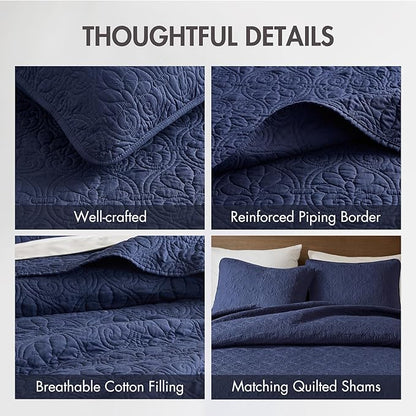 Madison Park Quebec Queen Size Quilt Bedding Set - Navy , Damask – 3 Piece Bedding Quilt Coverlets – Ultra Soft Microfiber Bed Quilts Quilted Coverlet