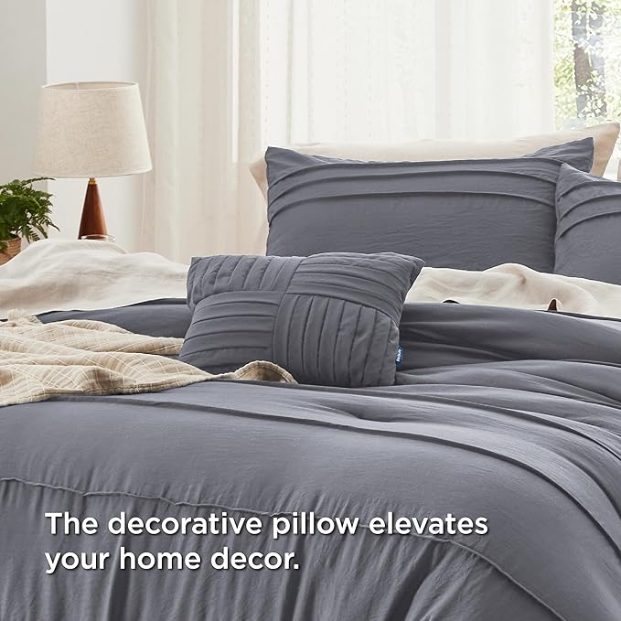 Bedsure Queen Comforter Set - 4 Pieces Pinch Pleat Bed Set, Dark Grey Boho Bedding for All Season, 1 Soft Comforter, 2 Pillowcases, 1 Decorative Pillow