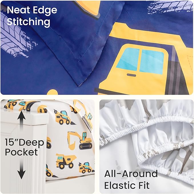 Joiedomi Kid Twin Comforter Set 5 Piece Construction Vehicle Bedding Set for Boys Girls Super Soft Microfiber Bed in a Bag with Comforter Sheets Pillowcase Sham