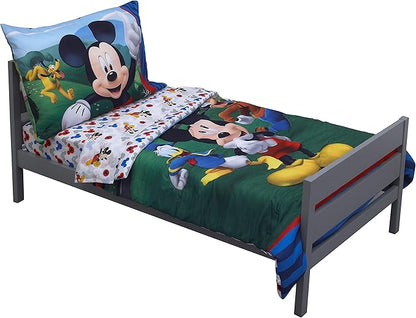 Disney Mickey's Big Adventure Blue, Red, Yellow & Green 4Piece Toddler Bed Set - Comforter, Fitted Bottom Sheet, Flat Top Sheet, Reversible Pillowcase, Blue, Red, Yellow, Green