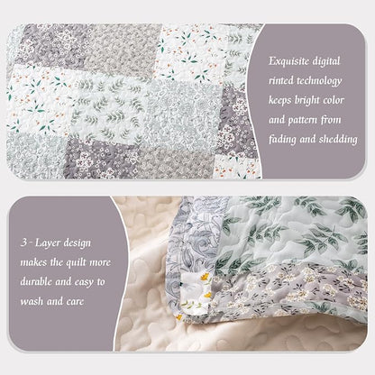 Whale Flotilla Patchwork Quilts Queen Size, Extra Soft Boho Floral Bedspreads for Bed Reversible Lightweight Full Queen Quilt Bedding Set Printed Coverlets with 2 Pillow Shams for All Seasons, Grey