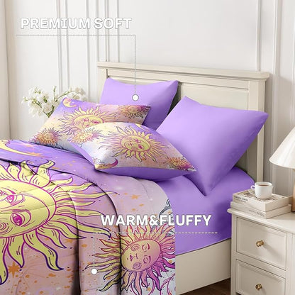 Nesker Comforter Set Queen Size, Celestial Motifs Astrology 7 Pcs Bedding for Kids and Adults, Boho Sun Moon Bed Sheet Sets with Fitted Sheet 2 Pillowcases & 2 Shams