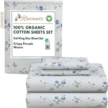 RUVANTI 100% Organic Cotton Sheets California King, Percale Weave, GOTS Certified, 4-Piece Set, Deep Pocket 13", Crisp & Breathable, Soft Durable Bedding, Sábanas Algodón Orgánico – Butter Flight