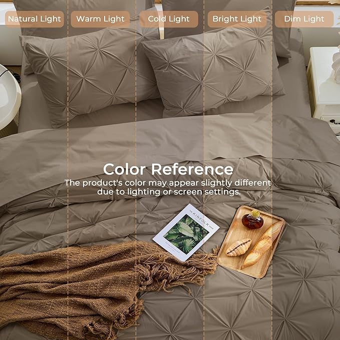 Sasttie King Size Comforter Set, 7-Piece Bed in a Bag, Pintuck Bedding Set for All Season, Includes Comforter, Flat Sheet, Fitted Sheet, Pillowcases and Pillowshams, Brown