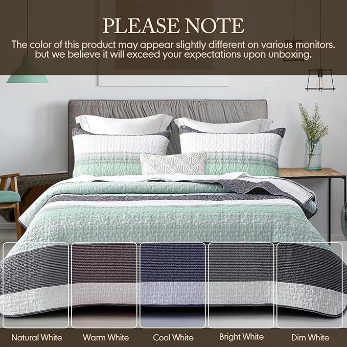 DURLENGEN Quilt Set Queen Size 3Pcs,Soft Microfiber Lightweight Bedspread,White & Green Striped Geometric Pattern Coverlet for All Season Layering(Queen 90x96,Mint Green)