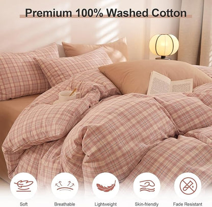 EAVD Pink Gingham Duvet Cover Queen Soft Washed Cotton Reversible Grid Plaid Bedding Set with 2 Pillowcases Modern Checkered Grid Duvet Cover with Zipper Farmhouse Gingham Bedding Set for All-Season